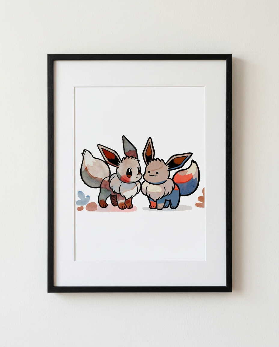 Eevee and Ditto Spot the Difference watercolour Pokémon art print in a black frame with white mat