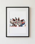 Eevee and Ditto Spot the Difference watercolour Pokémon art print in a black frame with white mat