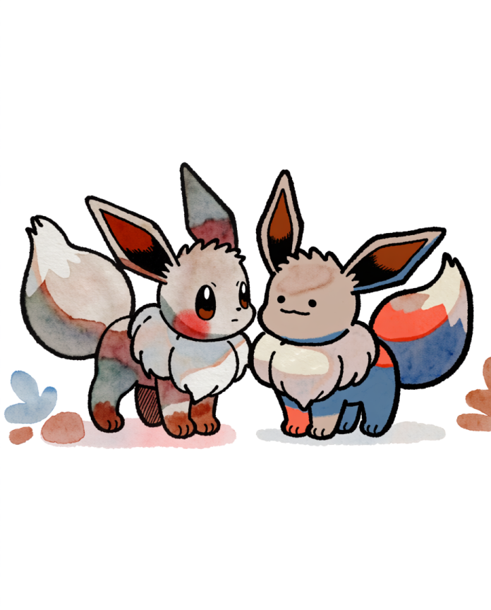 Watercolour illustration of Eevee nose to nose with a Ditto transformed into Eevee by Dammit.png