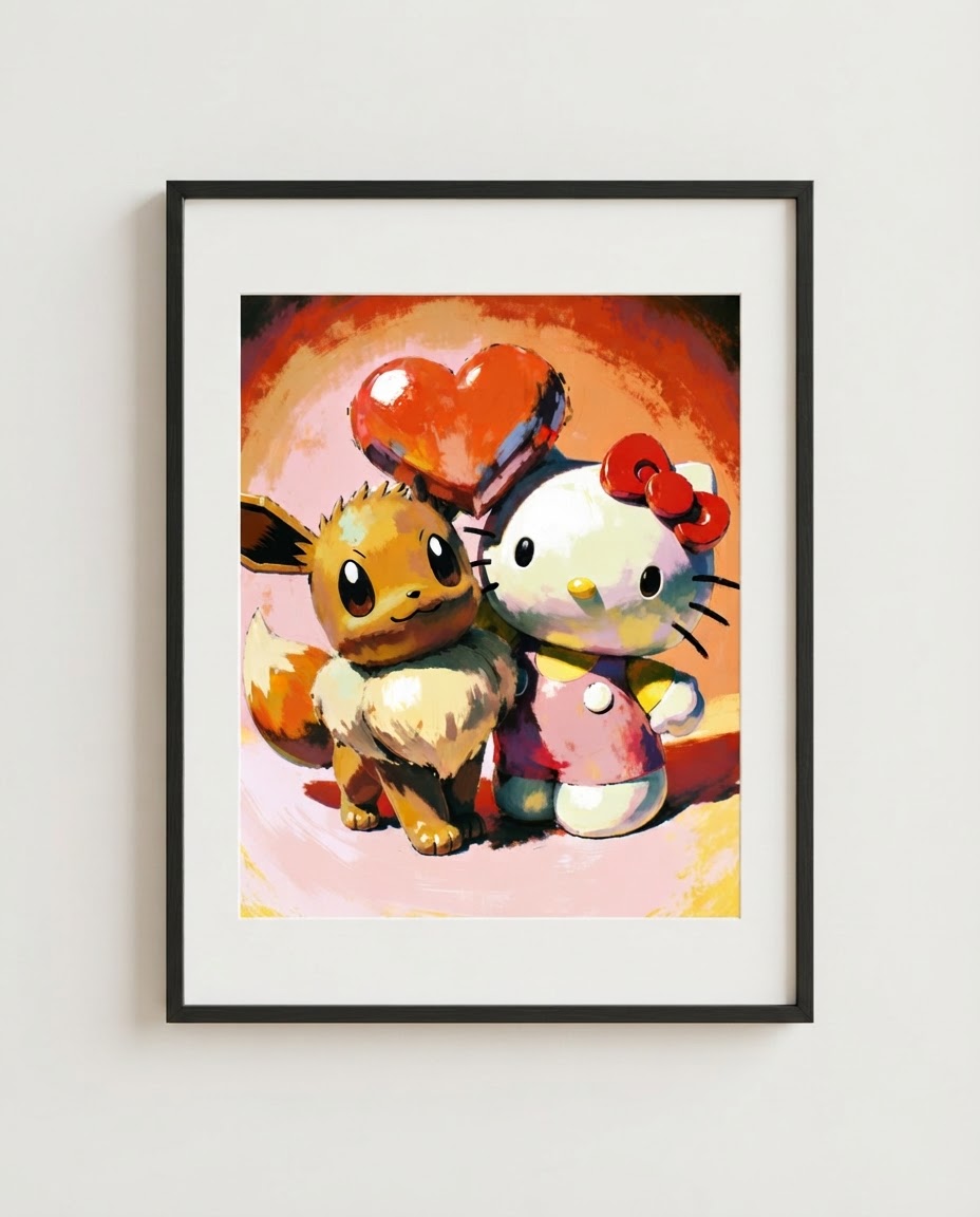 Eevee and Hello Kitty Sweethearts Sanrio Pokémon crossover art print by Dammit.png shown framed