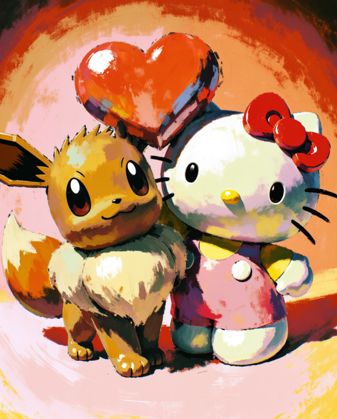 Original crossover artwork of Hello Kitty and Eevee under a red heart by Dammit.png