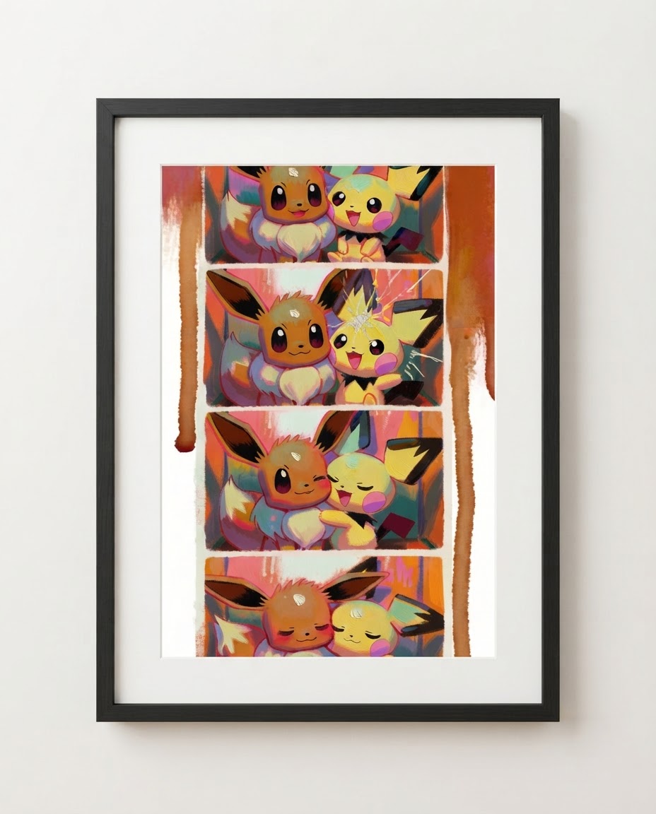 Eevee and Pichu Photo Booth limited edition Pokémon art print by Dammit.png shown framed