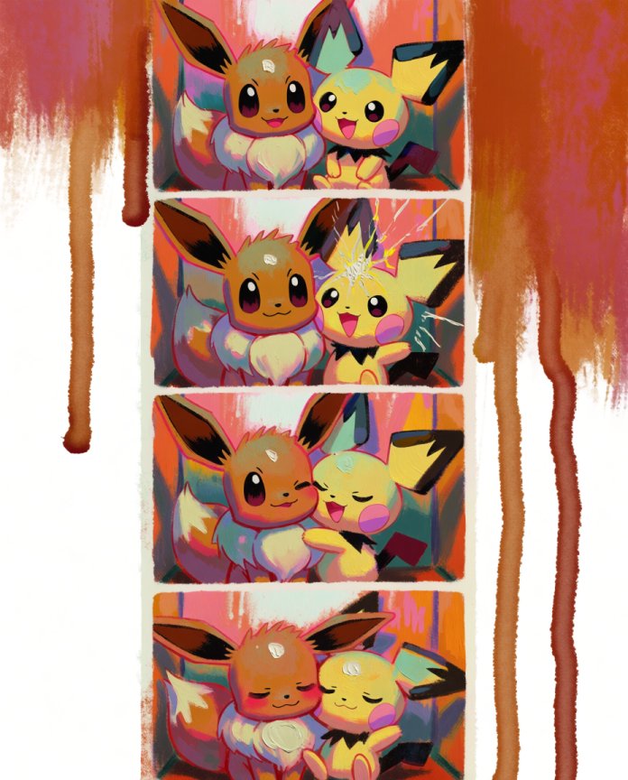 Original Eevee and Pichu photo strip artwork with sparks and a kiss from the Photo Booth series by Dammit.png