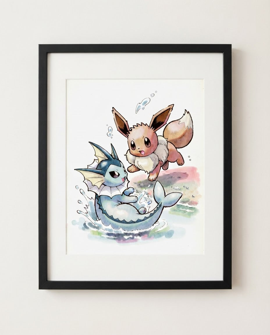 Eevee and Vaporeon Making a Splash watercolour Pokémon art print by Dammit.png shown framed