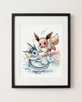 Eevee and Vaporeon Making a Splash watercolour Pokémon art print by Dammit.png shown framed