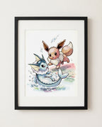 Eevee and Vaporeon Making a Splash watercolour Pokémon art print by Dammit.png shown framed