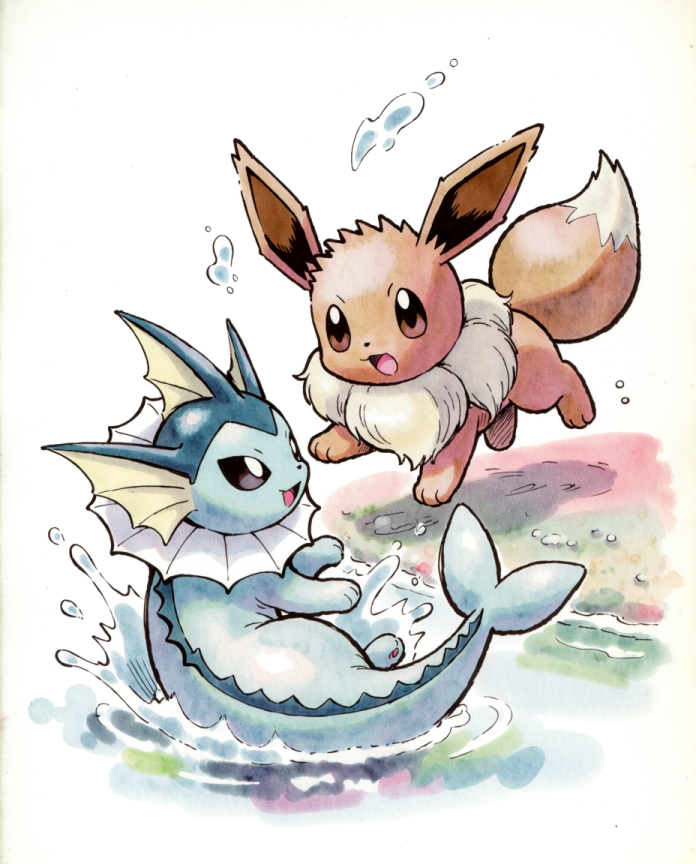 Original watercolour artwork of Eevee and Vaporeon playing in the water, Sugimori-inspired print by Dammit.png