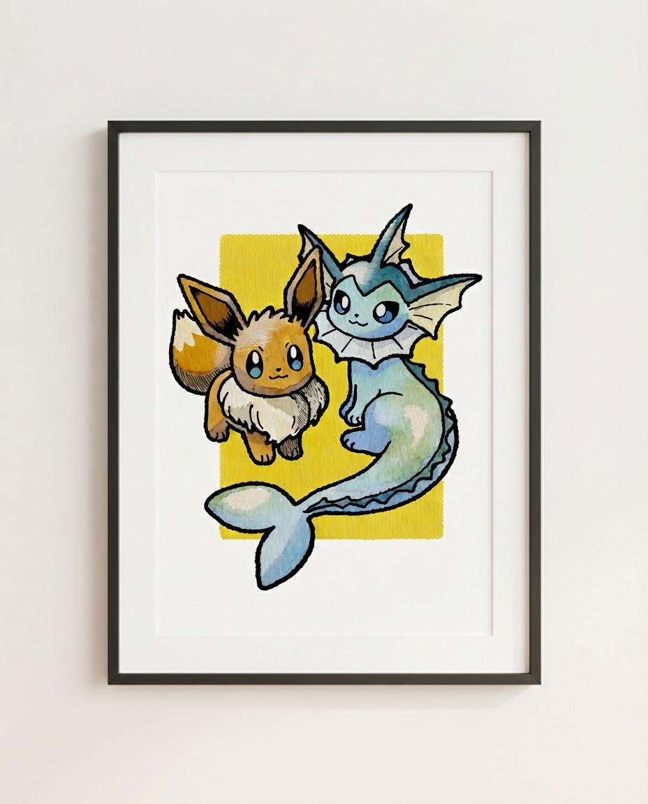 Eevee & Vaporeon — Tide Pool watercolour art print framed in a black frame with white mat