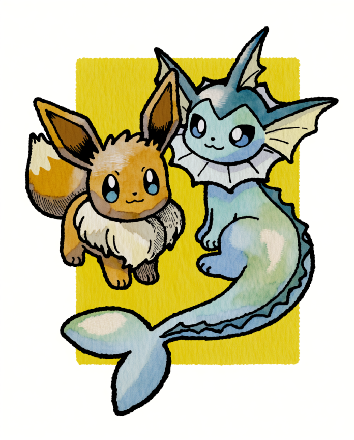 Eevee & Vaporeon — Tide Pool illustration, watercolour Eevee and Vaporeon on a yellow block