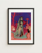 Emily & Haunter — Graveyard Waltz Tim Burton crossover art print framed in a black frame with white mat