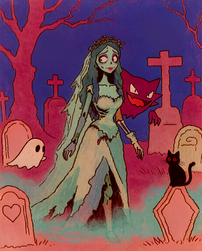 Emily & Haunter — Graveyard Waltz illustration, the Corpse Bride in a graveyard with Haunter and a black cat