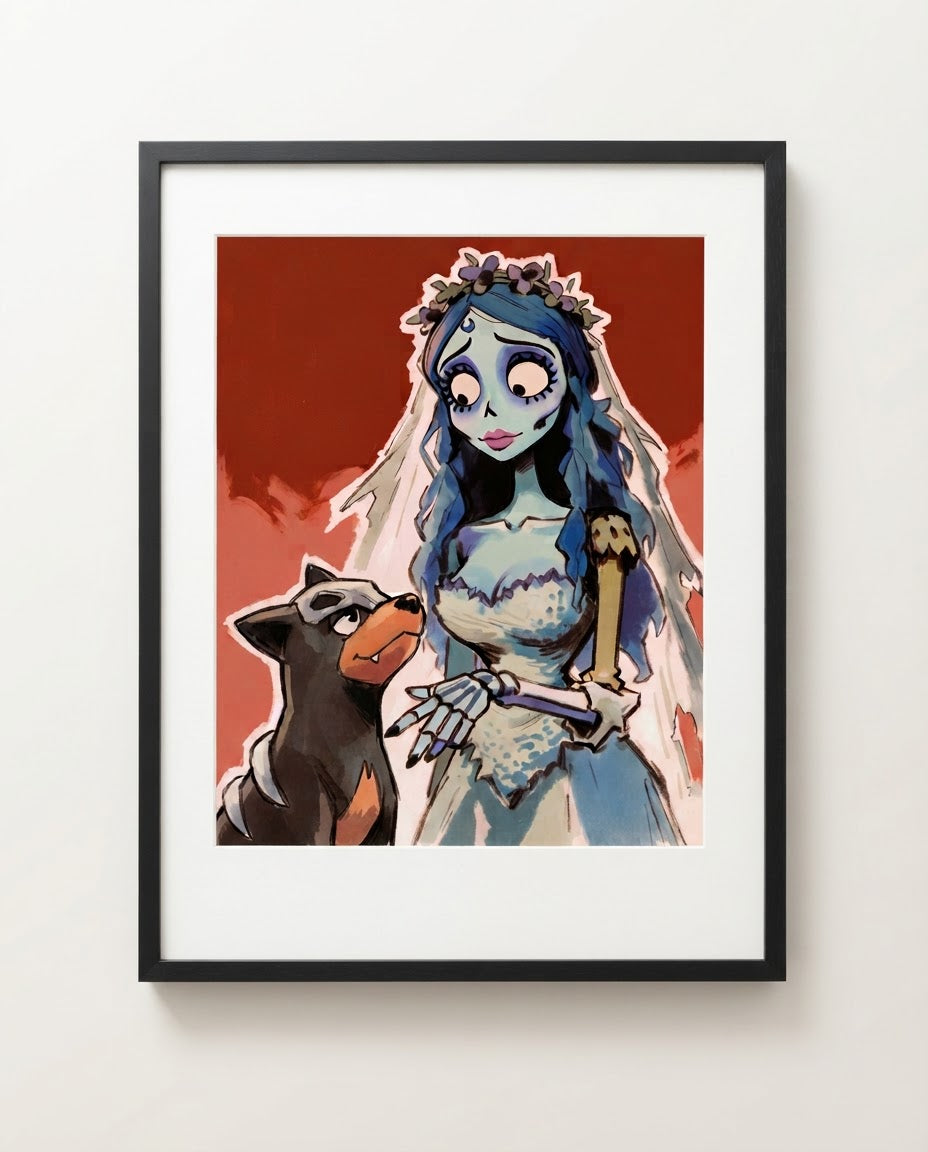 Emily & Houndour — Something Blue Tim Burton crossover art print framed in a black frame with white mat
