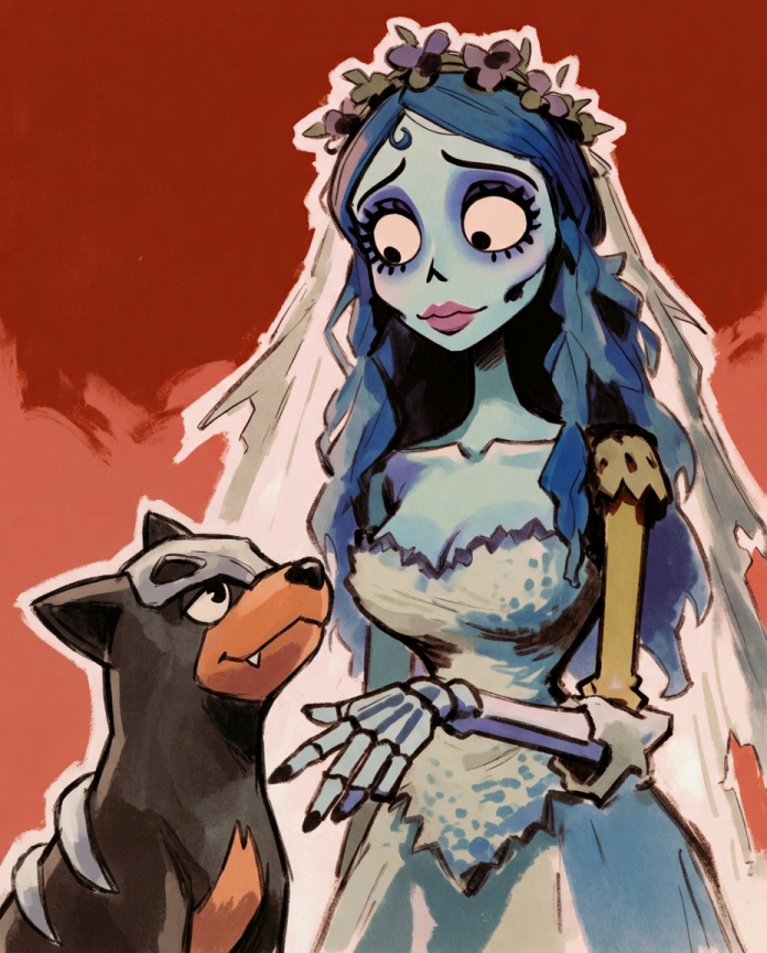 Emily & Houndour — Something Blue illustration, the Corpse Bride looking down at Houndour on red