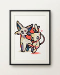 Espeon & Mew — Psychic Pals watercolour art print framed in a black frame with white mat