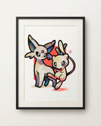 Espeon & Mew — Psychic Pals watercolour art print framed in a black frame with white mat