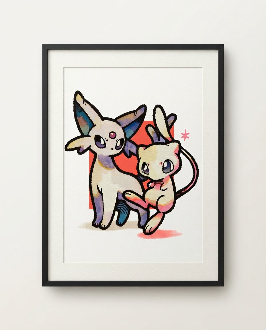 Espeon & Mew — Psychic Pals watercolour art print framed in a black frame with white mat