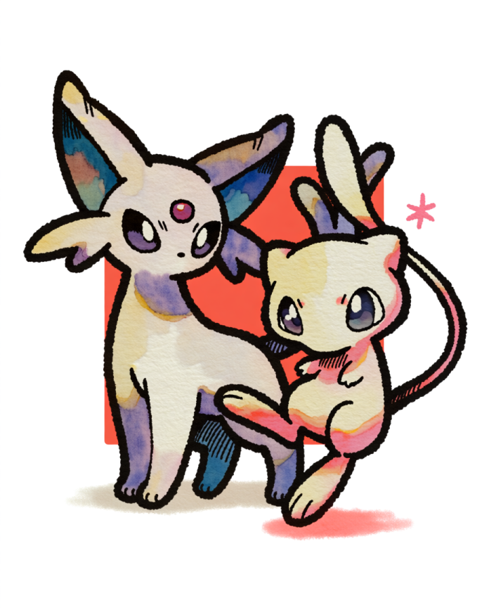 Espeon & Mew — Psychic Pals illustration, watercolour Espeon and Mew in front of a coral square
