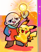 Uncle Fester holding a glowing light bulb next to a cheering Pikachu — Dammit.png fan art print