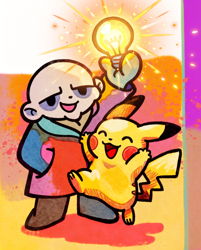 Uncle Fester holding a glowing light bulb next to a cheering Pikachu — Dammit.png fan art print