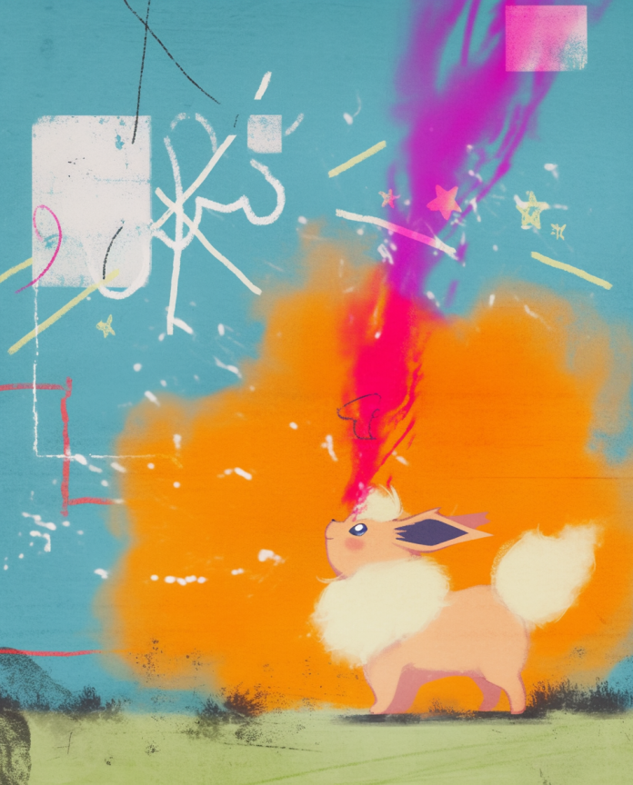 Flareon walking under red lightning on a dark navy background — Dammit.png fan art print