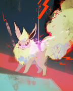 Fluffy orange Flareon with violet and pink lightning bolts on a blue-grey wall — Dammit.png fan art print