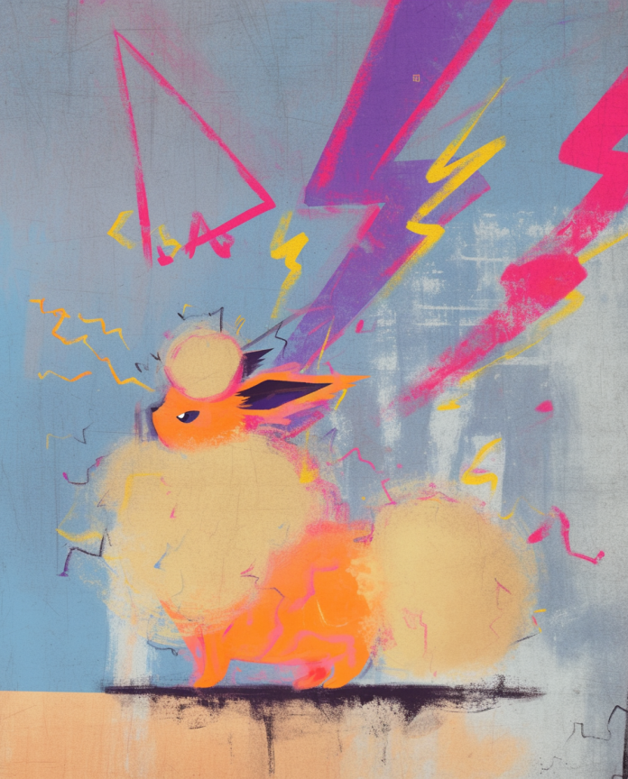 Flareon looking up at a plume of pink flame against a turquoise wall — Dammit.png fan art print
