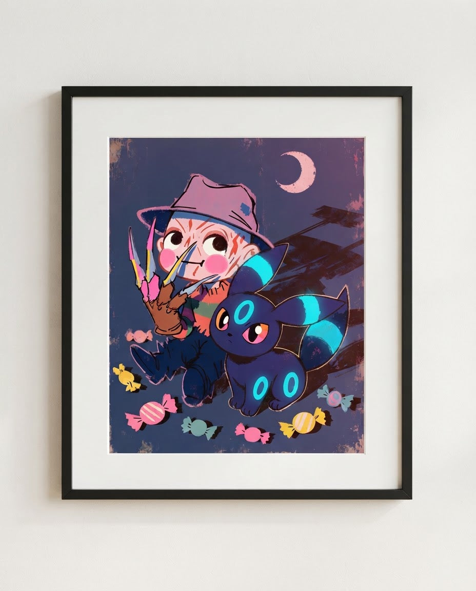 Freddy & Umbreon — Sweet Dreams Halloween crossover art print framed in a black frame with white mat