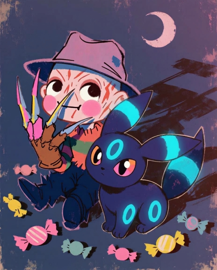Freddy & Umbreon — Sweet Dreams illustration, chibi Freddy with shiny Umbreon under a crescent moon