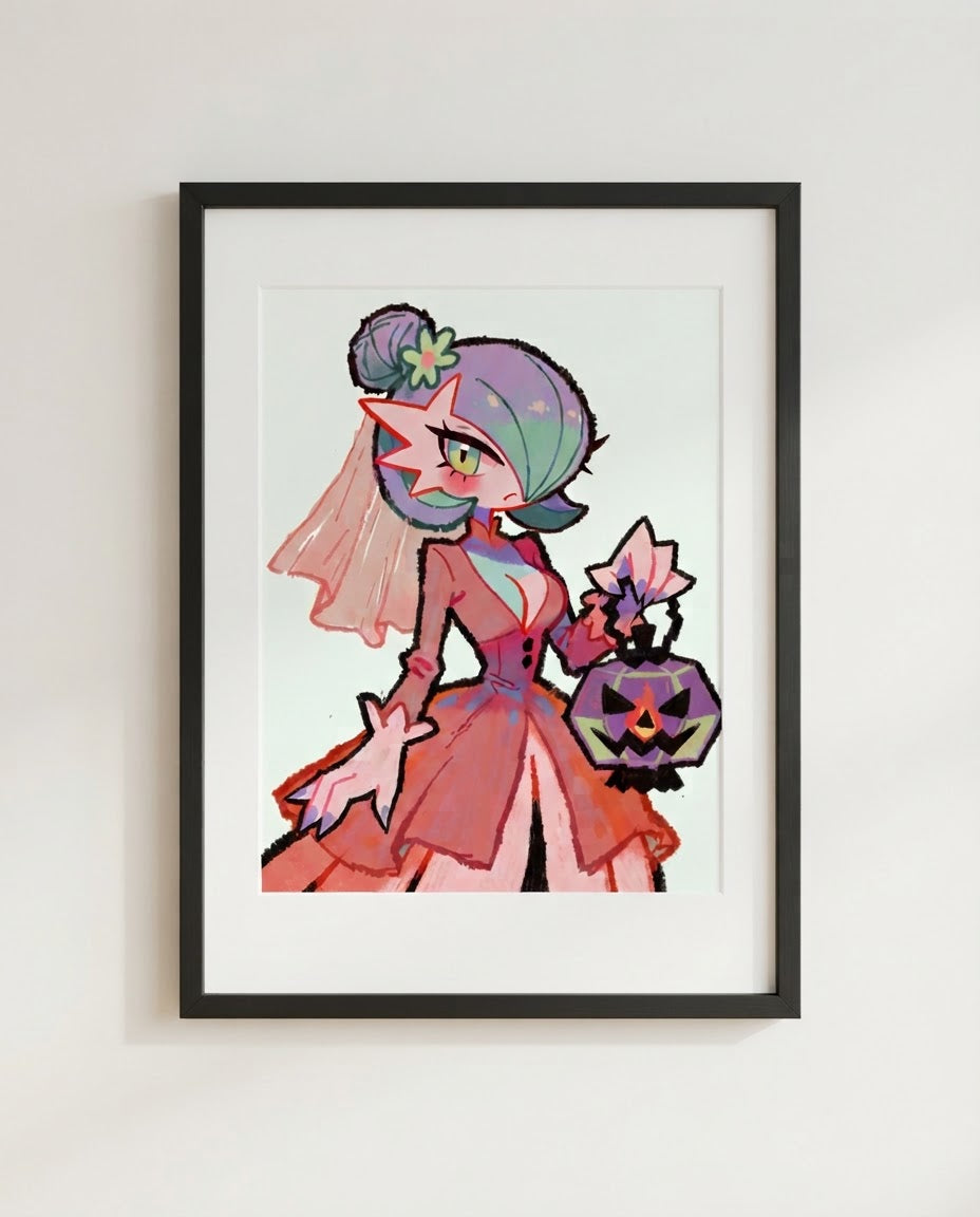 Gardevoir — Lantern Bride Halloween art print framed in a black frame with white mat
