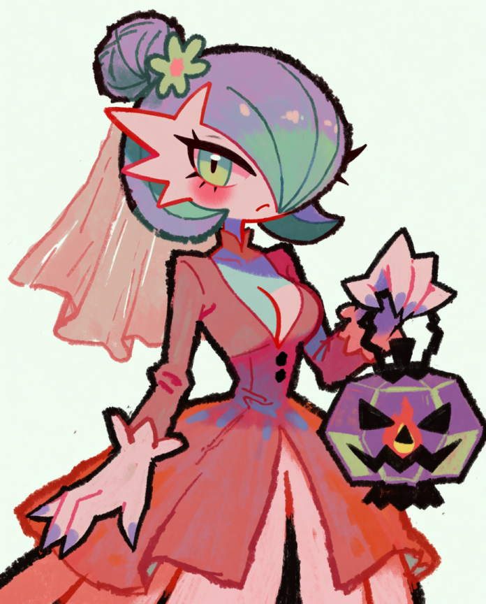 Gardevoir — Lantern Bride illustration, Gardevoir in a red gown and veil holding a jack-o'-lantern