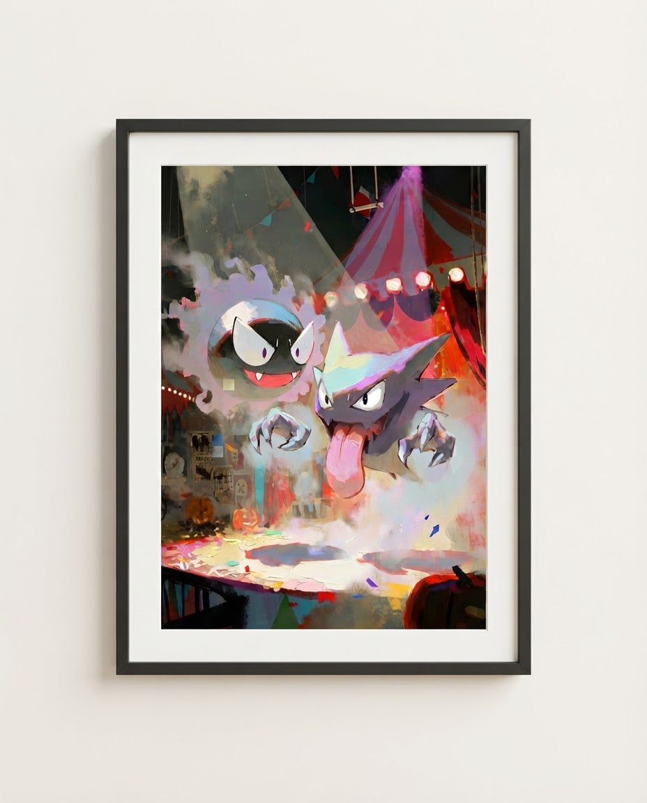 Gastly & Haunter — Big Top haunted circus art print framed in a black frame with white mat