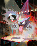 Gastly & Haunter — Big Top illustration, Gastly and Haunter emerging from smoke under a circus big top