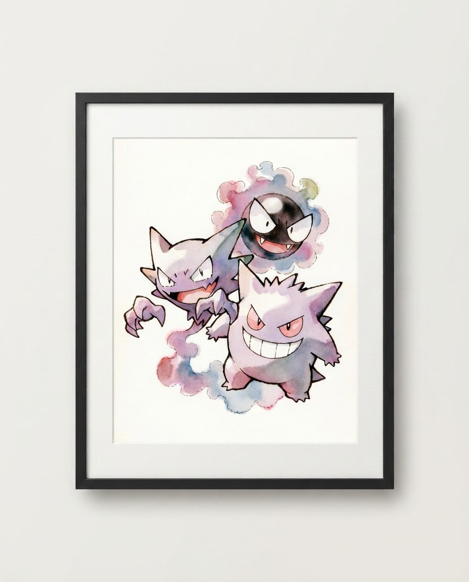 Gastly Haunter and Gengar The Haunting watercolour Pokémon art print by Dammit.png shown framed