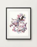 Gastly Haunter and Gengar The Haunting watercolour Pokémon art print by Dammit.png shown framed