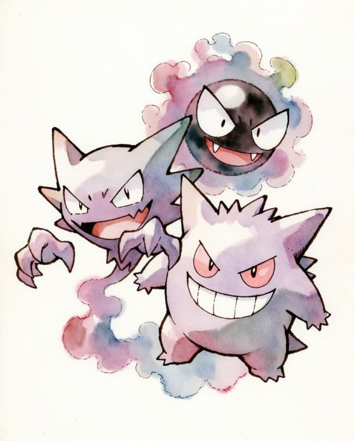 Original watercolour artwork of the ghost evolution line in purple fog, Sugimori-inspired print by Dammit.png