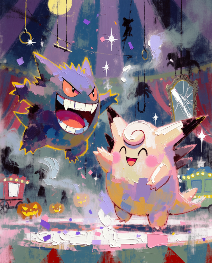 Gengar & Clefable — Center Ring illustration, Gengar and Clefable dancing in a moonlit circus ring