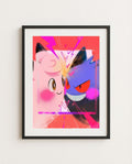 Gengar and Clefable Sparks Fly limited edition Pokémon art print by Dammit.png shown framed
