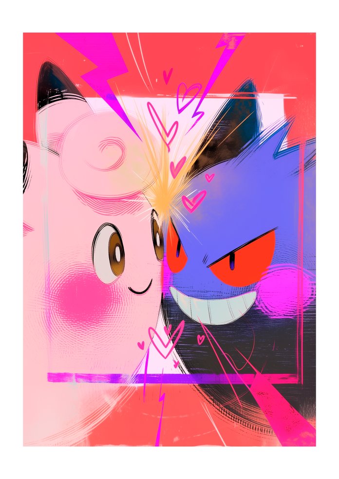 Original Gengar and Clefable artwork nose to nose with sparks and hearts by Dammit.png