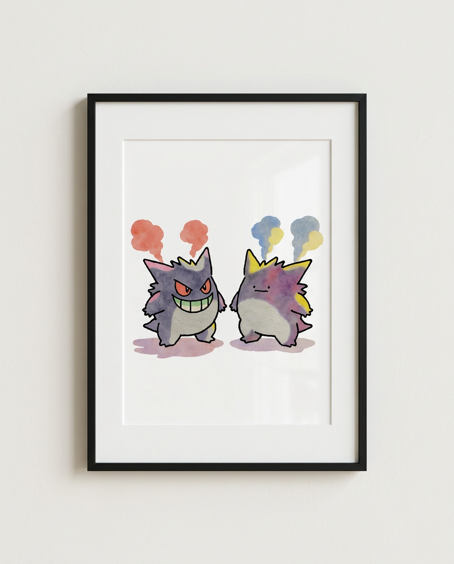 Gengar and Ditto Shadow Clone watercolour Pokémon art print in a black frame with white mat