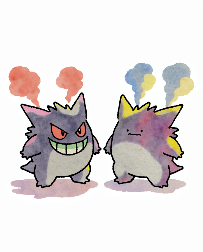 Watercolour illustration of grinning Gengar next to a Ditto transformed into Gengar by Dammit.png