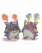 Watercolour illustration of grinning Gengar next to a Ditto transformed into Gengar by Dammit.png