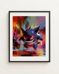 Gengar — Hallway Haunting haunted house Halloween art print framed in a black frame with white mat