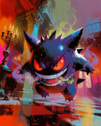 Gengar — Hallway Haunting illustration, Gengar grinning in a haunted mansion hallway with green smoke