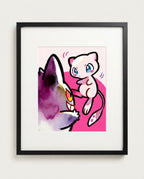 Gengar & Mew — Peekaboo watercolour art print framed in a black frame with white mat