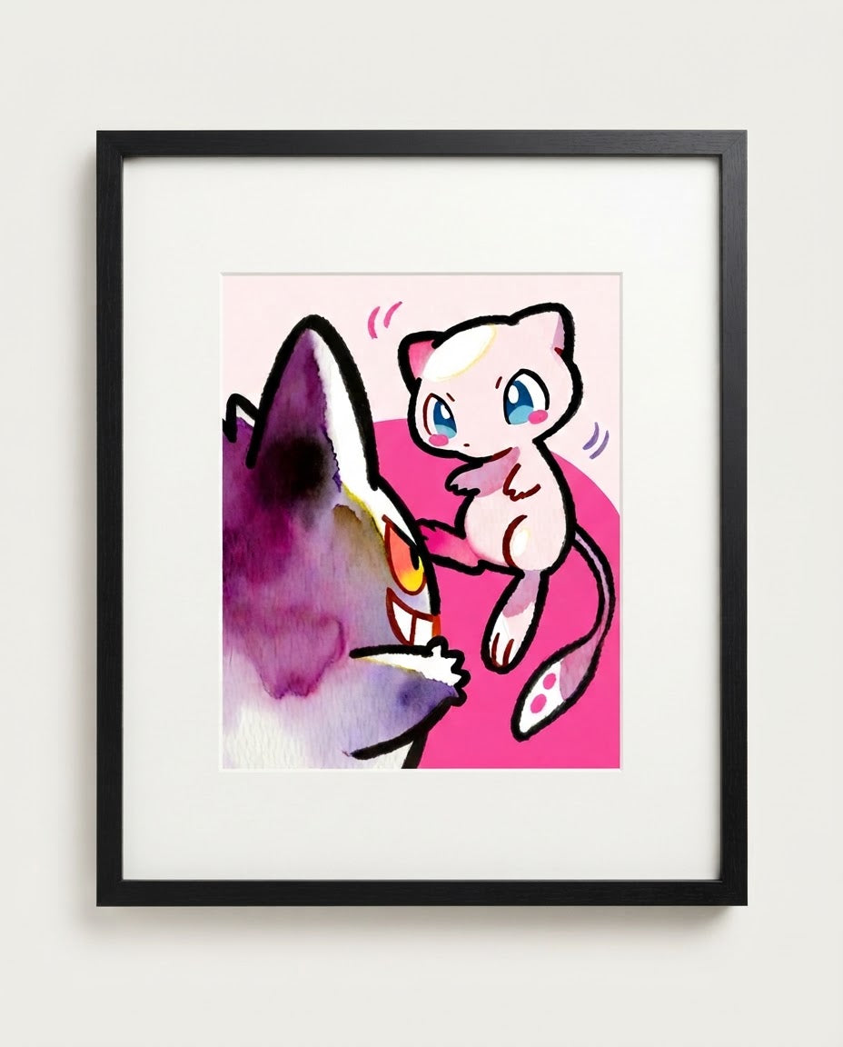 Gengar & Mew — Peekaboo watercolour art print framed in a black frame with white mat