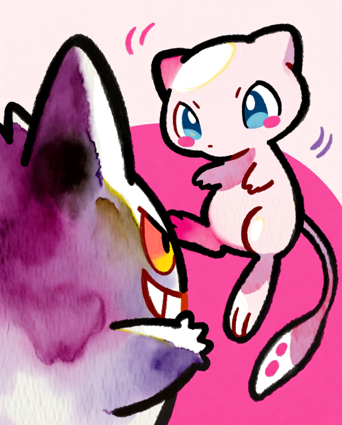 Gengar & Mew — Peekaboo illustration, watercolour Gengar sneaking up on a startled Mew