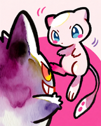 Gengar & Mew — Peekaboo illustration, watercolour Gengar sneaking up on a startled Mew