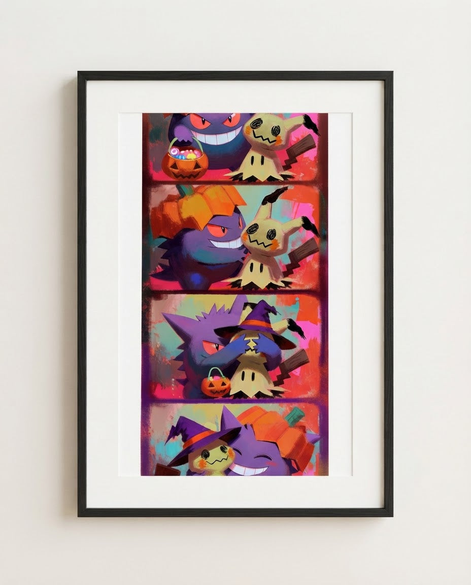 Gengar & Mimikyu — Photo Booth Halloween art print framed in a black frame with white mat