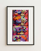 Gengar & Mimikyu — Photo Booth Halloween art print framed in a black frame with white mat