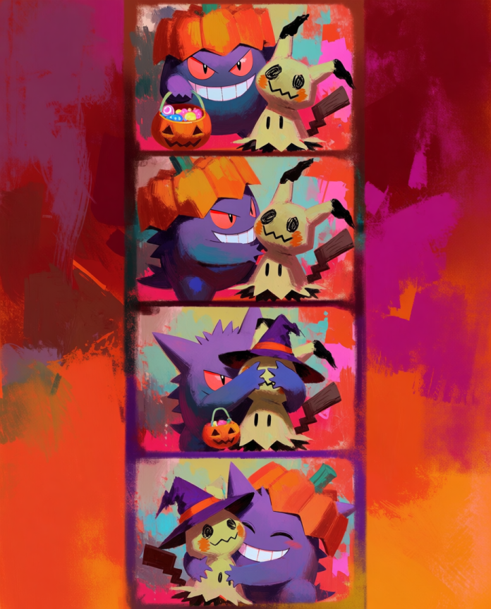 Gengar & Mimikyu — Photo Booth illustration, four-frame Halloween photo strip with pumpkin and witch hats